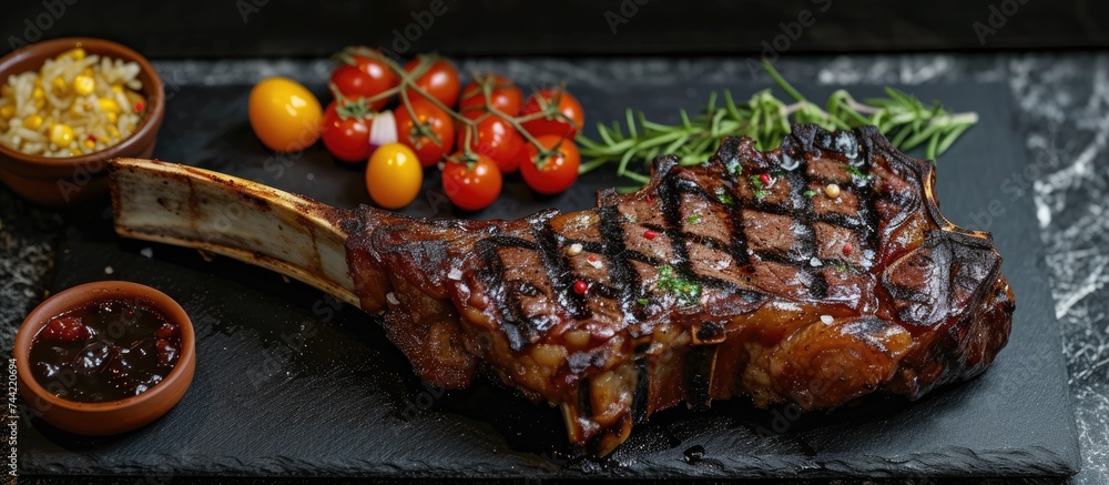 Poster A juicy and succulent tomahawk rib steak served on a slate plate, accompanied by a colorful array of assorted vegetables.
