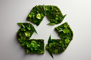 Green recycling symbol made with natural leaves on a white background. Generative AI