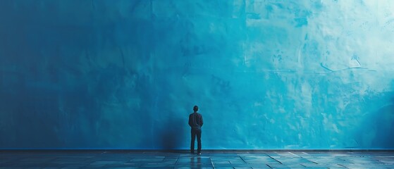  "Loneliness Concept - Person Against Blue Wall in Captivating Stock Image"