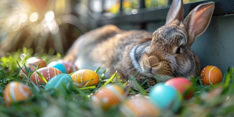 Foto op Aluminium Easter bunny hunting for colored eggs, religious holiday Easter, resurrection of Jesus Christ © Gizmo