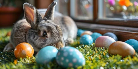 Fototapeten Easter bunny hunting for colored eggs, religious holiday Easter, resurrection of Jesus Christ © Gizmo