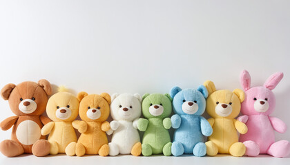 row of plush toys neatly lined up together on white background  