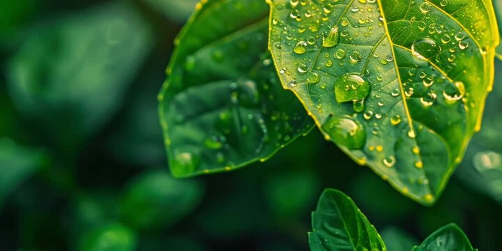 Video of raindrops on vibrant green leaves, highlighting freshness and growth.