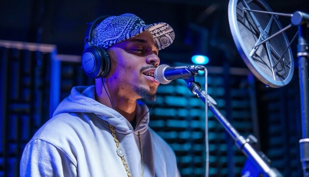 Male rapper in recording studio