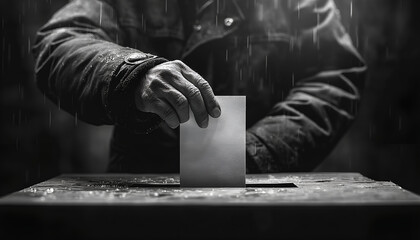 Voter inserting ballot into ballot box. Concept: Soaked voter lacking trust in politicians