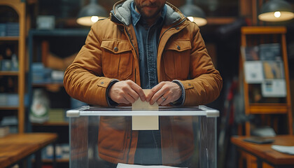 Voter inserting ballot into ballot box.