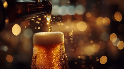 Close-up of Beer Pouring from Bottle into Glass with Frothy Head on Dark Background - obrazy, fototapety, plakaty
