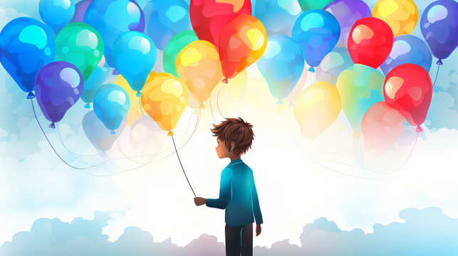 Boy hold colorful Ballons against the Sky