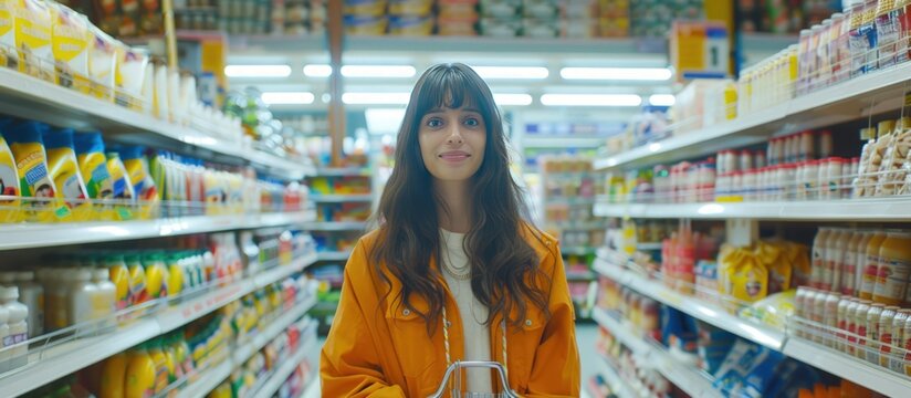 A happy young woman shopping in supermarket holding a mobile phone near a cart. AI generated image