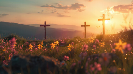 Image with three crosses on a hill at sunset for Easter feast Jesus Christ crucifixion concept.