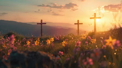 Foto op Plexiglas Image with three crosses on a hill at sunset for Easter feast Jesus Christ crucifixion concept. © Bnetto
