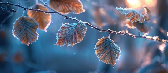 Covered frozen leaves on a branch at winter. AI generated image