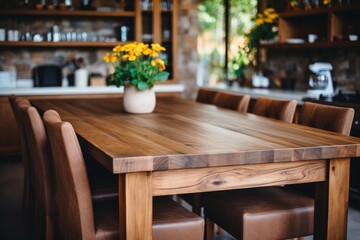Fototapeta na wymiar Rustic wooden dining table with yellow flower vase in modern kitchen, surrounded by 8 elegant chairs, creating a warm and inviting dining space for family gatherings and intimate meals.