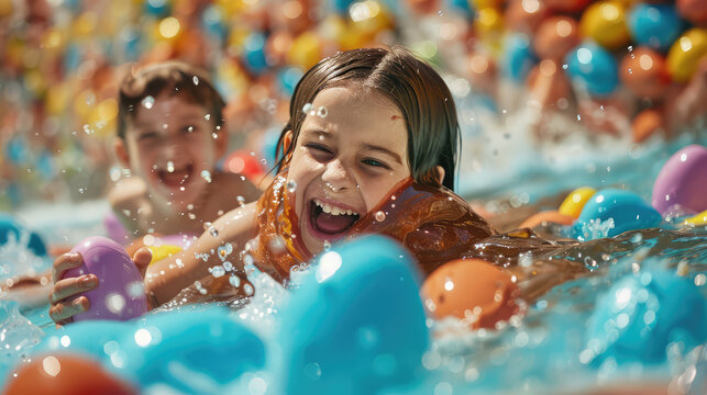 Children playing in a pool full of chocolate in fun images for Easter party concept.