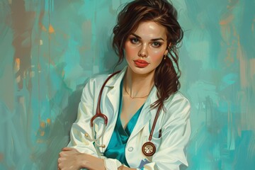 Illustration of modern female doctor in white coat with stethoscope. Professional woman physician providing medical consultation. Healthcare and medicine concept, perfect for National Doctor's Day