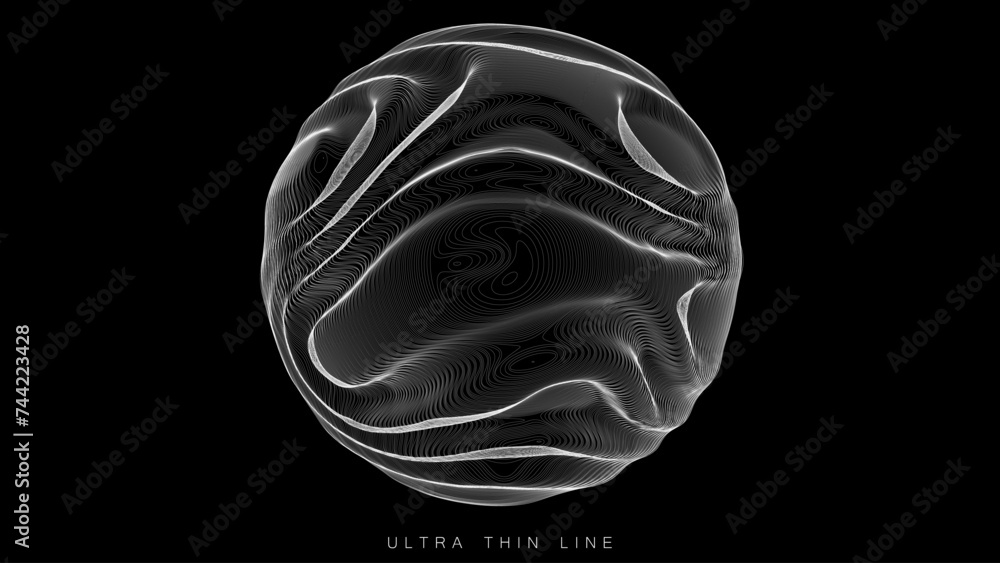 Poster ultra thin line fluid geometry. dynamic vector distorted spheres.