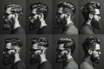 A set of portraits of handsome hipster men in profile with different hairstyles and beards