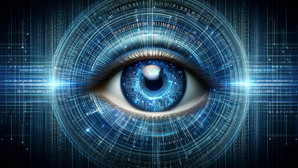 Digital Eye Surrounded by Binary Code in Blue Tones
