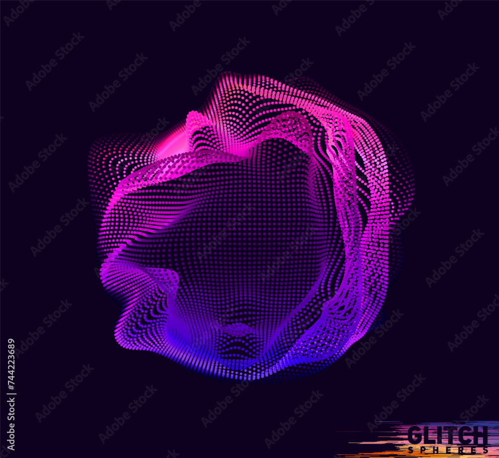 Poster corrupted violet point sphere. abstract vector colorful mesh on dark background. futuristic style ca