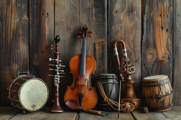 Naklejka premium Ensemble of classical music instruments, woodwind and drum, on aged wood, artistic music background, copy space