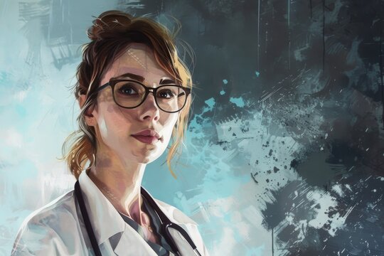Modern female doctor illustration. Professional woman physician in white coat with stethoscope. Healthcare, medicine, and medical consultation concept. International Women's Day, National Doctor's Day
