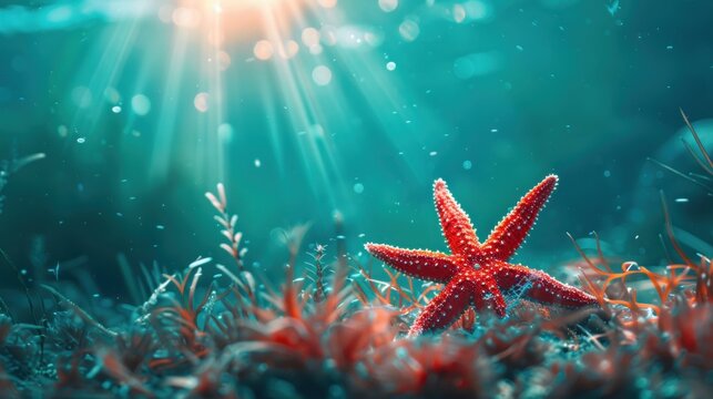 Red starfish in the sea with sea grass for marine sustainability concept. AI generated image