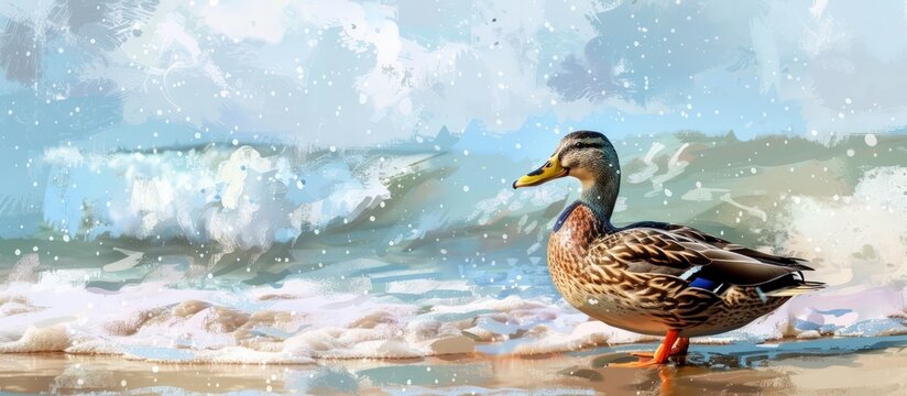 Portrait a duck animal alone on the beach sea shore background. AI generated image