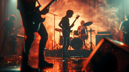 Music band group perform on a concert stage. Guitarist on stage for background, soft and blur concept. Music band performing in a recording studio,