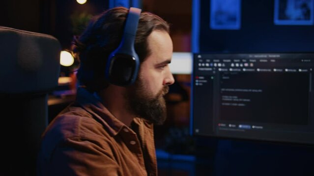 Computer scientist listening music while writing lines of code during remote job shift in home office. IT specialist enjoying audio podcast, coding on desktop PC, camera B close up