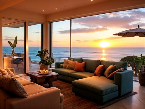 Fototapeta Beautiful relaxation room with sofas, large windows through which you can see the ocean. Evening sunset