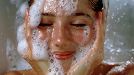 Beauty female, washing face, touching her face with her hands with soap foam