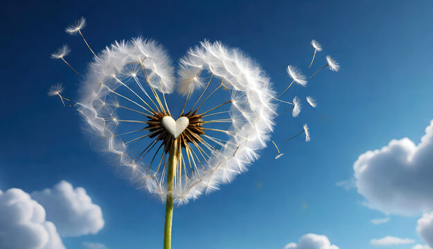 Dandelion in shape of a heart with white flying fluffy seeds against blue sky.Love concept.Banner for design.Generative AI