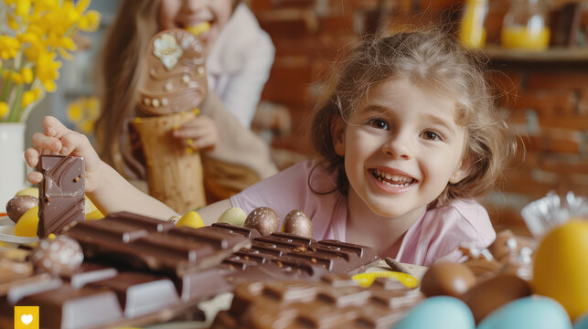 Children playing in a pool full of chocolate in fun images for Easter party concept.