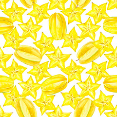 Star fruit pattern, watercolor illustration of tropical yellow carambola slices and whole pieces
