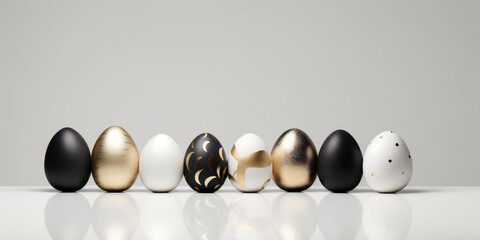 Eight luxury Easter eggs in an elegant black, gold, and white palette on a reflective surface,...