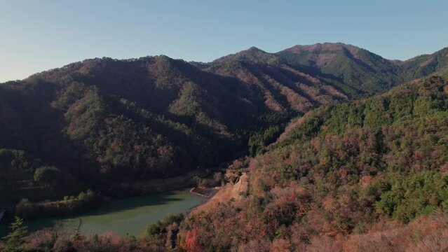 Aerial Drone Fly Japanese Countryside Valley Mountain Range Landscape Skyline Peaks, at Asago, Hyogo, Takeda Castle