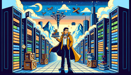 Retro-style pixel art of a database manager in a vibrant data realm