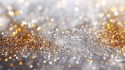 Fototapeta premium gold and white background and convetti in the form of a simple background. Blurred white lights. Playfulness. dots like confetti sparkling light bokeh background
