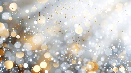 gold and white background and convetti in the form of a simple background. Blurred white lights. Playfulness. dots like confetti sparkling light bokeh background