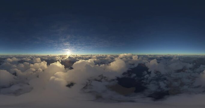 a 360-180 panorama sphere map of flying over the clouds near the sunset time. perfect for CG VFX projects..