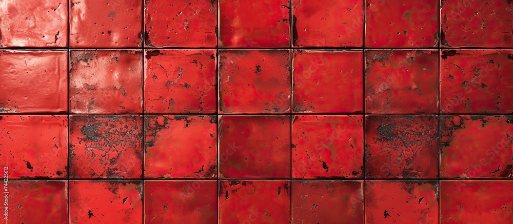Poster this close-up photo showcases a vibrant red tiled wall, displaying a striking and bold texture. the 
