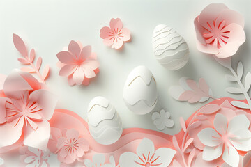 paper cut easter background. hand made easter composition with easter eggs and flowers from paper