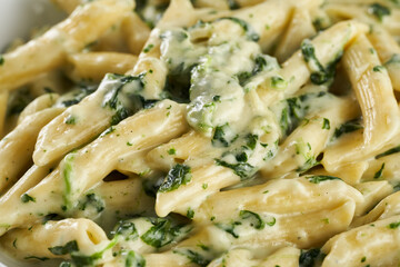 Penne rigate with cream cheese and spinach and broccoli
