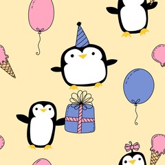 Birthday party animals seamless penguin pattern for wrapping paper and fabrics and kids print and summer print