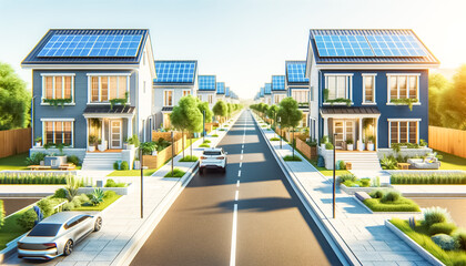 Sunlit Suburbia: Solar-Powered Homes Gleaming at Dawn