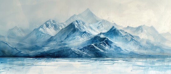 This painting showcases a glistening mountain range with an icy texture, set against a watercolor-like backdrop of the frozen Lake Baikal.