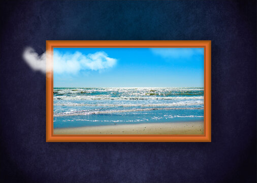 Picture of the sea hanging on the wall with clouds coming out of the frame