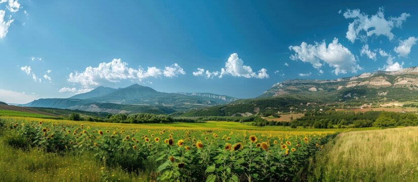 Beautiful sunflower field at summer with blue sky and mountain background. AI generated image