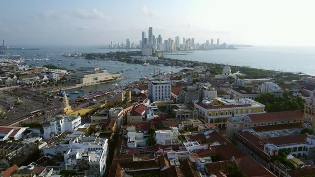 Cartagena Colombia. Aerial View of Old Town Colonial Buildings and Modern Hotels in Bocagrande Peninsula, Drone Shot