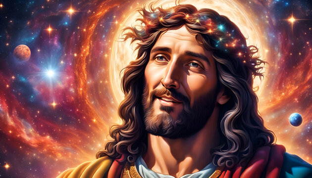 heilige Figur des Christentum Jesus l&auml;chelnd vor einem bunten Universum voller Licht leuchtend mit Sternen und Planeten, Ostern Erl&ouml;ser Retter Religion Himmel gl&auml;ubig Bibel Kirche Hoffnung Zuversicht